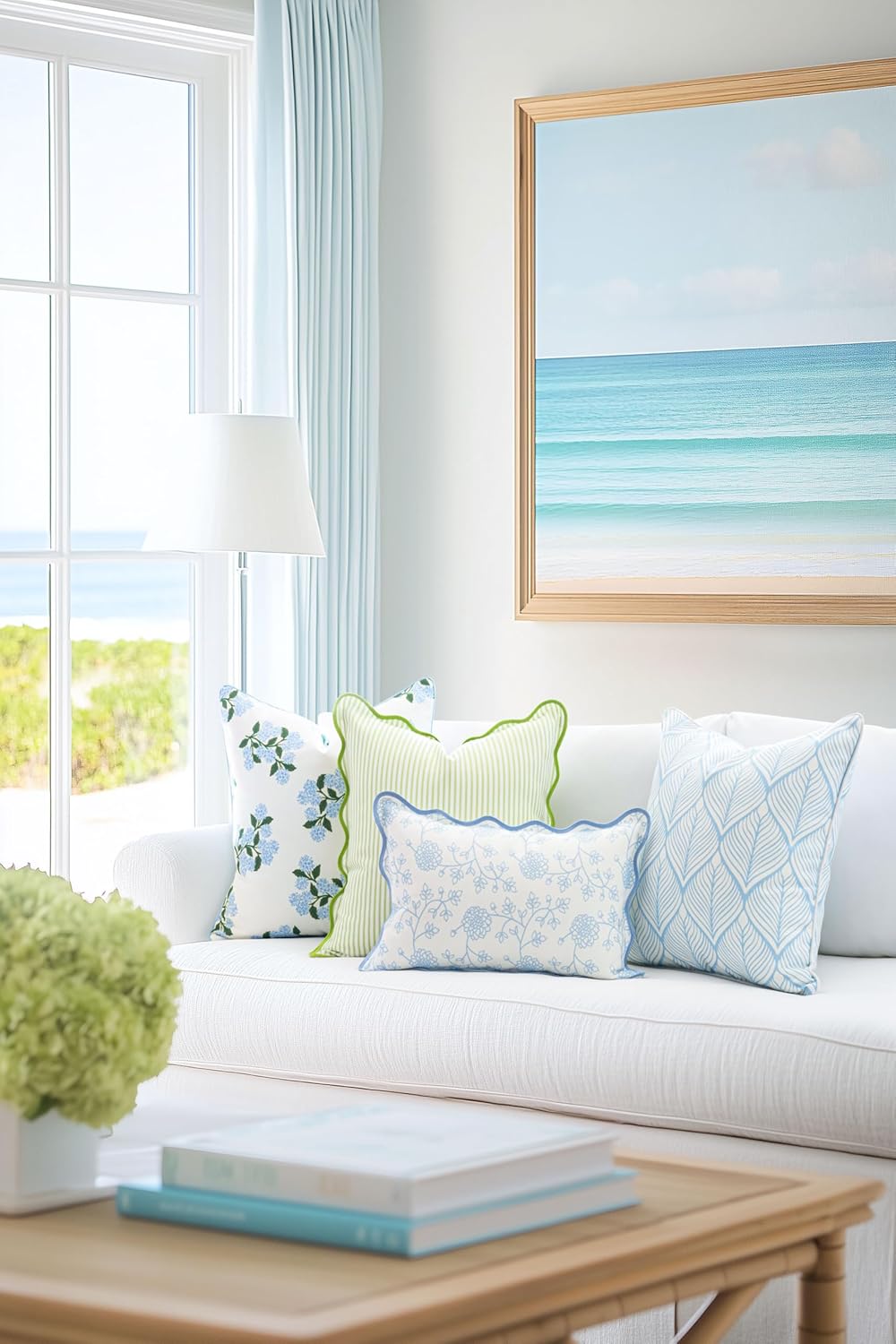 Hofdeco Premium Coastal Patio Indoor Outdoor Scalloped Lumbar Pillow Cover Only, 12x20 Water Repellent for Backyard, Couch, Baby Blue Print Dahlia Floral